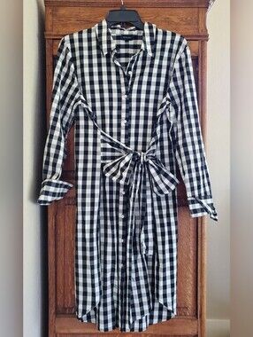 WHO WHAT WEAR BLACK AND WHITE CHECK MIDI SHIRTDRESS LARGE NWOT